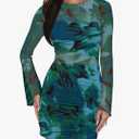 BTFBM Womens Sexy Long Sleeve Mini Dress Mesh Floral Print Bodycon Short Cocktail Party Dress, M
