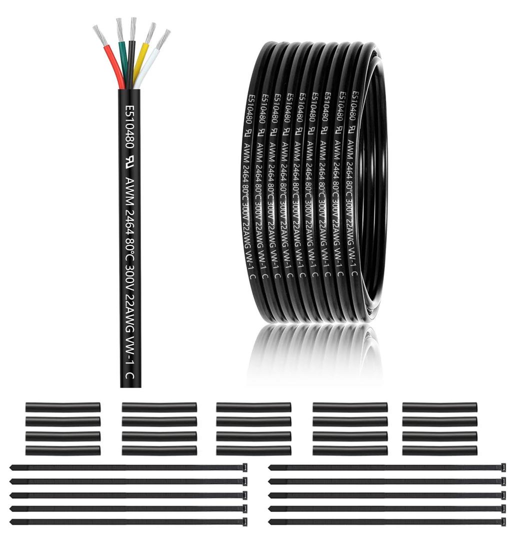 22 Gauge 5 Conductor Electrical Wire 50FT, UL 2464 22 AWG 5 Wire Cable Tinned Copper PVC Stranded 22/5 Core Wire for LED Lighting, Outdoor Low Voltage Extension Cable, Automotive etc.