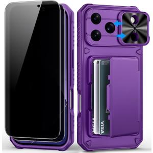 BXYJY for iPhone 17 Pro Max Case Wallet, 2 Privacy Screen Protectors, Card Holder (4-5 Cards), Slide Camera Cover, Military Grade Drop, Heavy Duty Men Women Phone Case for iPhone17 Pro Max, Purple (Dark Purple-PSP)