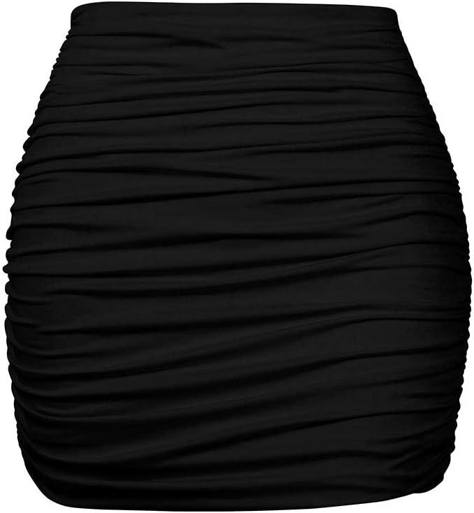 YMDUCH Women's Sexy High Waist Solid Tight Ruched Bodycon Mini Club Skirt (Large, Black)