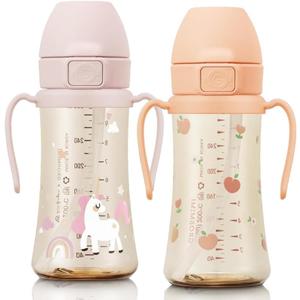 GROSMIMI Flip Top Spill Proof Sippy Cup, PPSU, BPA Free, 10 oz, Stage 2 Straw for Toddlers, 2-pack (Peach Flower & Unicorn)
