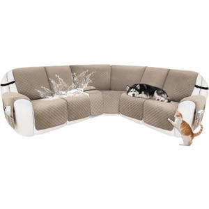 Reclining Sectional Couch Covers 100% Waterproof Velvet L Shape Recliner Sofa Cover for Dogs Pets Washable Anti Slip Recliner Slipcovers with Pockets (5 Seat Sofa with 1 Console, Khaki)