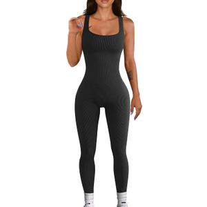 Women Workout Seamless Jumpsuit Yoga Ribbed Bodycon One Piece Tank Top Leggings Romper (Large, 01black)