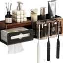 Wall Mounted Toothbrush Holder with 3 Cups, Bathroom Storage Organizer Rack with Tissue Box, No Drill Installation