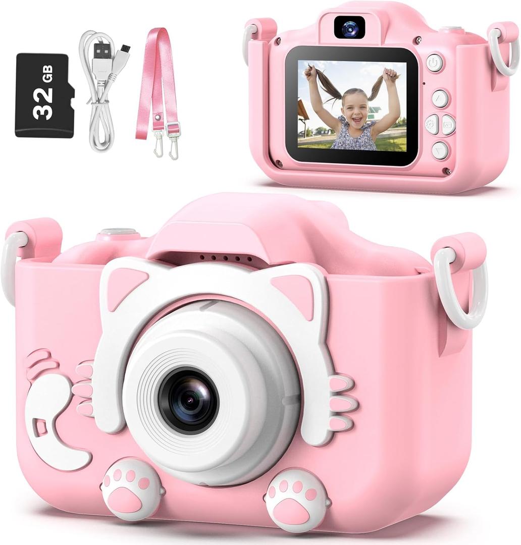 Goopow Kids Camera Toys for 3-8 Year Old Girls Boys,Children Digital Video Camcorder Camera with Cartoon Soft Cover, Best Chritmas Birthday Festival Gift for Kids - 32G SD Card Included (Pink-Cat)