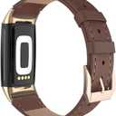 Simpeak Leather Band Compatible with Fitbit Charge 6 / Charge 5 Smartwatch, Women Men Genuine Leather Wristband Strap Replacement for Fitbit Charge 5 Charge 6 (Brown)