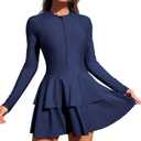 ZAFUL Women's One Piece Rash Guard Long Sleeve Modest Swimsuits Dress Zipper Bathing Suit Swimskirt 0-Navy Blue L