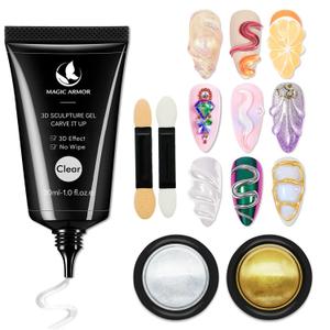 30g 3D Nail Gel and Chrome Powder Kit, Sculpting Gel Nail Art Glue for Art Designs DIY Craving Molding for Decoration Manicure Pedicure Use