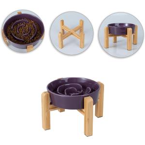 Elevated Slow Feeder Dog Bowl - Ceramic Maze Food Dish with Bamboo Stand - Raised Feeding Bowl for Fast Eaters - Ideal for Small and Medium Dogs - Purple - 6.7 inch (1.25 CUP)