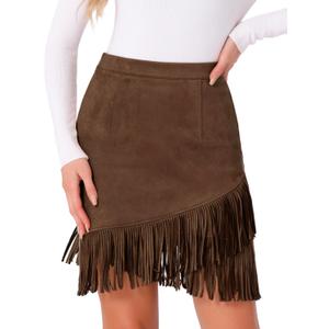 Allegra K Faux Suede Skirt for Women's Vintage High Waist Fringe Trim Stretch Bodycon Mini Skirts (Large)