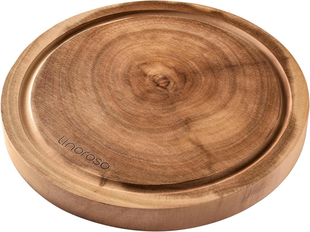 linoroso Round Acacia Wood Cutting Board with Juice Groove for Chopping and Serving Charcuterie, Exquisite Non-Splicing Cheese Board (Dia. 10 inch, Non-Exact Round, Follow Actual Shape of Wood)