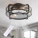 20" Caged Ceiling Fan with Light and Remote, Low Profile, 6 Speed and Reversible Farmhouse Bladeless Flush Mount Ceiling Fan W/ E26 Bulbs Base for Bedroom, Kitchen, Living Room