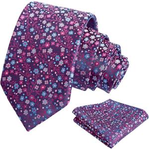 Alizeal Mens 3.15inches Exquisite Floral Tie with Small Flower Printed Pocket Square