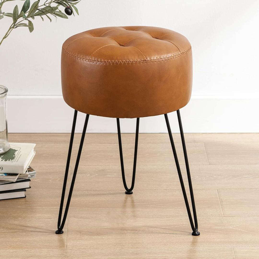 LUE BONA Faux Leather Vanity Stool Chair for Makeup Room,Brown Stool for Vanity,19 Height, Tufted Small Vanity Chair with Metal Legs, Modern Foot Ottoman for Bedroom, Living Room