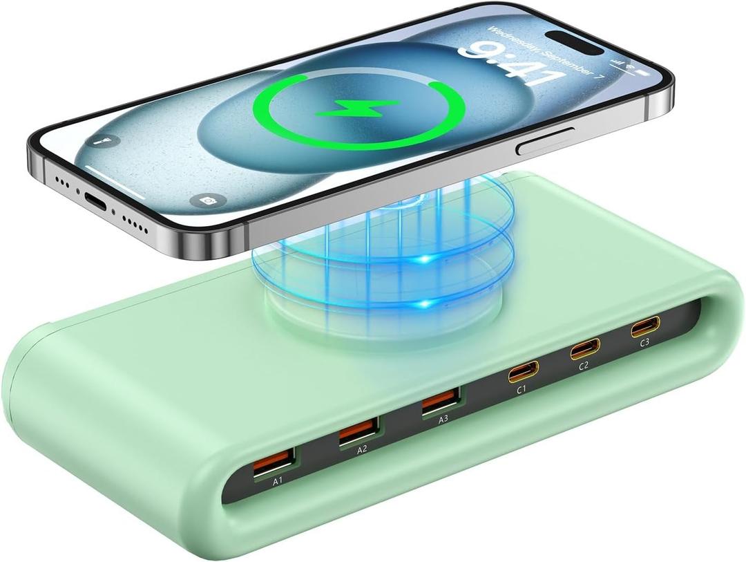 USB C Charging Station with 10W Wireless Charger, 145W USB C Charger Block with with 5FT Extension Cord, 7-in-1 Multi USB Charging Station for Home Office (Green)