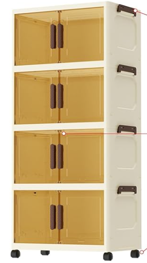 Karramlili Stackable Storage Bins, 4 Tiers, Collapsible Storage Bins with Magnetic Door, Plastic storage cabinet with Wheels, Closet organizers and Storage Containers