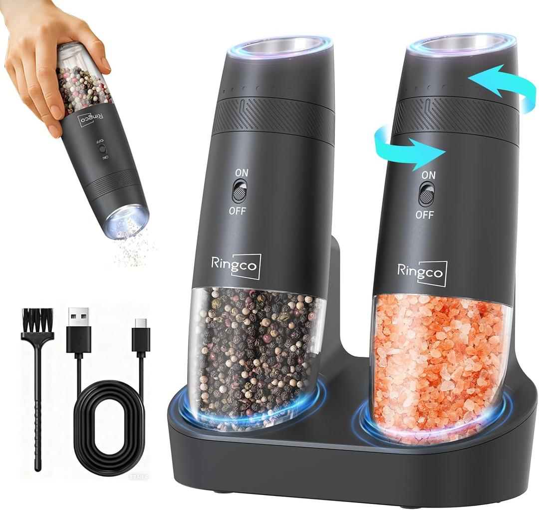 Ringco Gravity Electric Salt and Pepper Grinder Set with Charging Base, Automatic Gravity Salt and Pepper Mill with Adjustable Coarseness, LED Light, 135ml Large Capacity, Gifts for Women (Black)