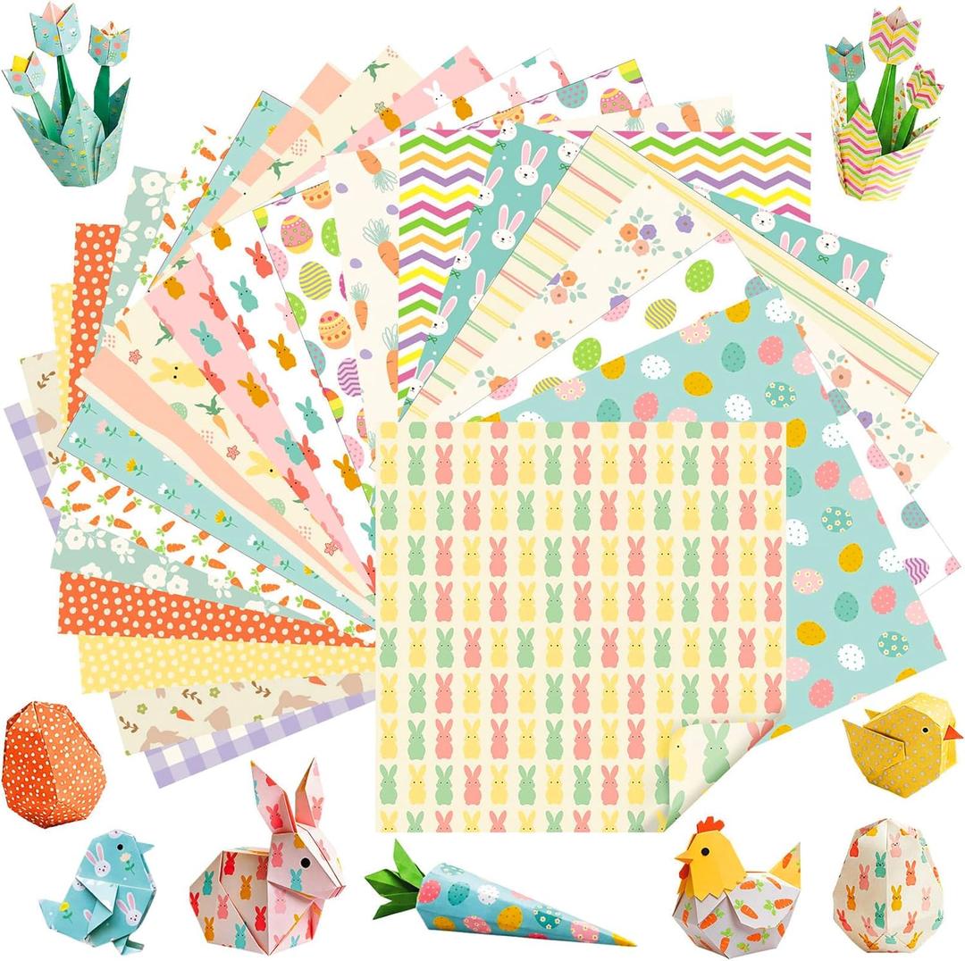 Harloon 500 Sheets Easter Origami Paper 20 Styles 6 Inch Pastel Double Sided Preprinted Easter Bunny Pattern Folding Paper Crafts Arts for School Class Holiday Scrapbook Decor Easy Fold for Beginner