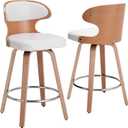 Set of 2 for Kitchen Counter Height Bar Stools, 360 Degree Swivel Barstools, Mid Century Walnut Finish and PU Leather Upholstered Bar Chair with Back&Footrest, for Bar, Kitchen (White)
