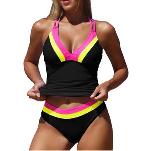 ZAFUL Tankini Swimsuits for Women Tummy Control Halter Neck Mid Waist Ruched Color Block Two Piece Bathing Suits Swimwear(1-Black, S)
