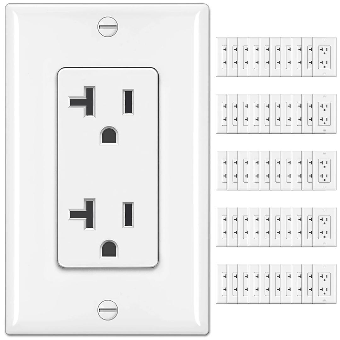 BESTTEN 50 Pack Decorator Receptacle Outlet, 20 Amp Electical Outlet with Wallplate, Non-Tamper-Resistant, Residential & Commercial Use, 20A/125V/2500W, UL Listed, White