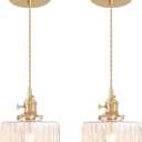 Pendant Light 2 Pack with Clear Striped Glass Lmapshade, Brass Vintage Pendant Light Adjustable Hanging Light for Kitchen Island Dining Room Hallway