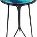 Patio Side Table, Small Round End Table, Metal Side Table Outdoor, Small Porch Table for Indoor Balcony Furniture Decor (Blue Glass 12inch)