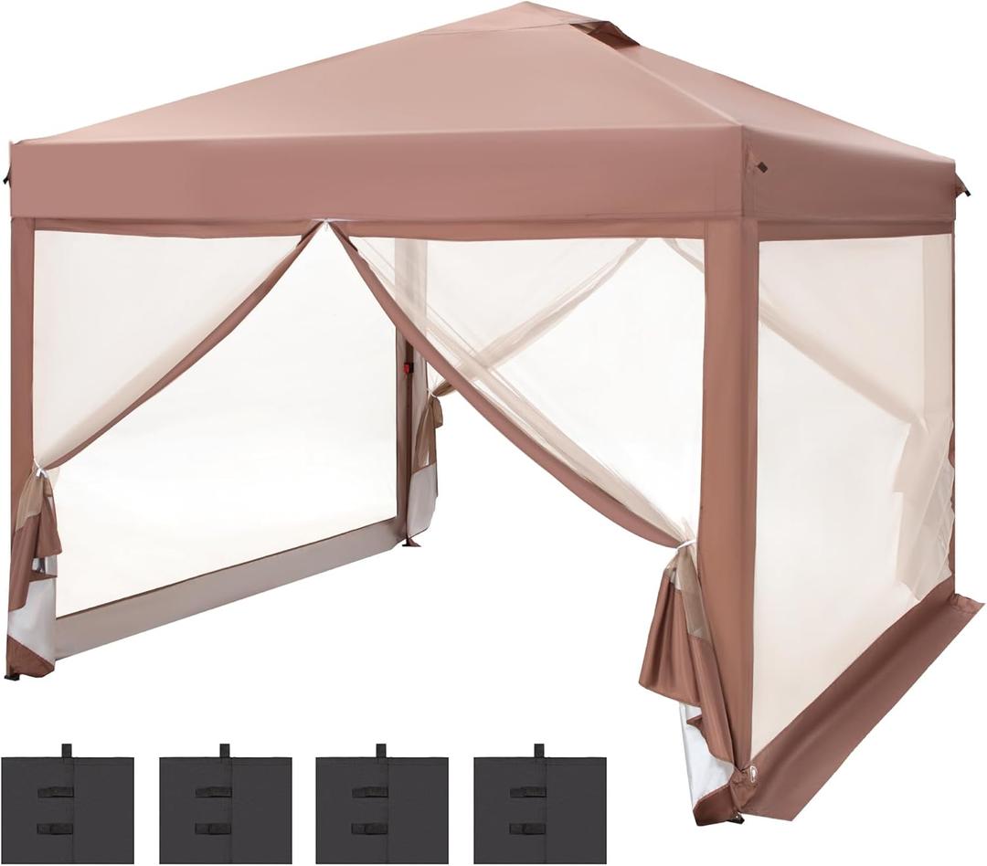 PHI VILLA 10' x 10' Pop Up Canopy Tent with Netting, Instant Gazebo, Ez up Screen House Room with Carry Bag, Height Adjustable, for Outdoor, Garden, Patio (1010 with netting, Brown)