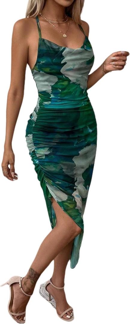 LIGHT DOT Women's Spaghetti Strap Printed Bodycon Ruched Midi Cocktail Dress Sexy Cowl Neck Tie Dye (Green, L)