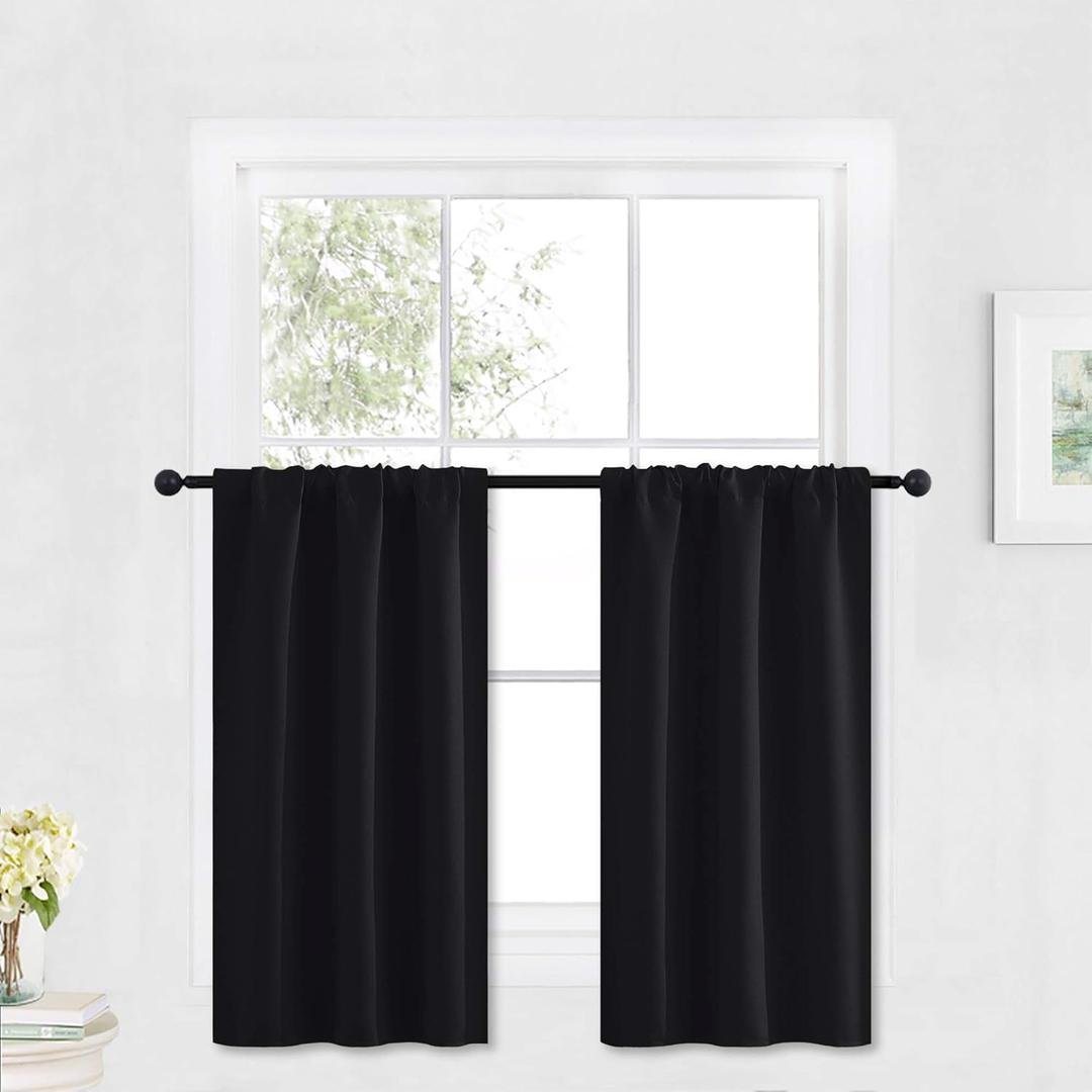 RYB HOME Blackout Cafe Curtains 30 inch Length, Short Light UV Heat Blocking Energy Saving Privacy Curtain Tiers for Basement Bathroom Kitchen Window, Width 29 by Length 30, Black, 2 Panels