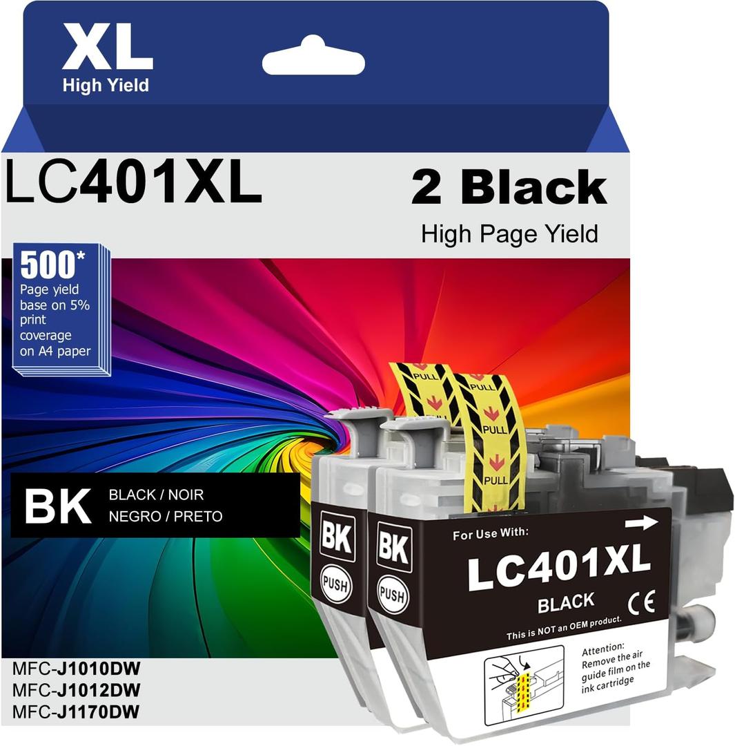 LC401XL Black Ink Cartridges, Compatible with MFC-J1010DW / J1012DW / J1170DW Printers, High Yield Replacement for Brother LC401XL LC401 Ink (2 Black, 2 Pack)