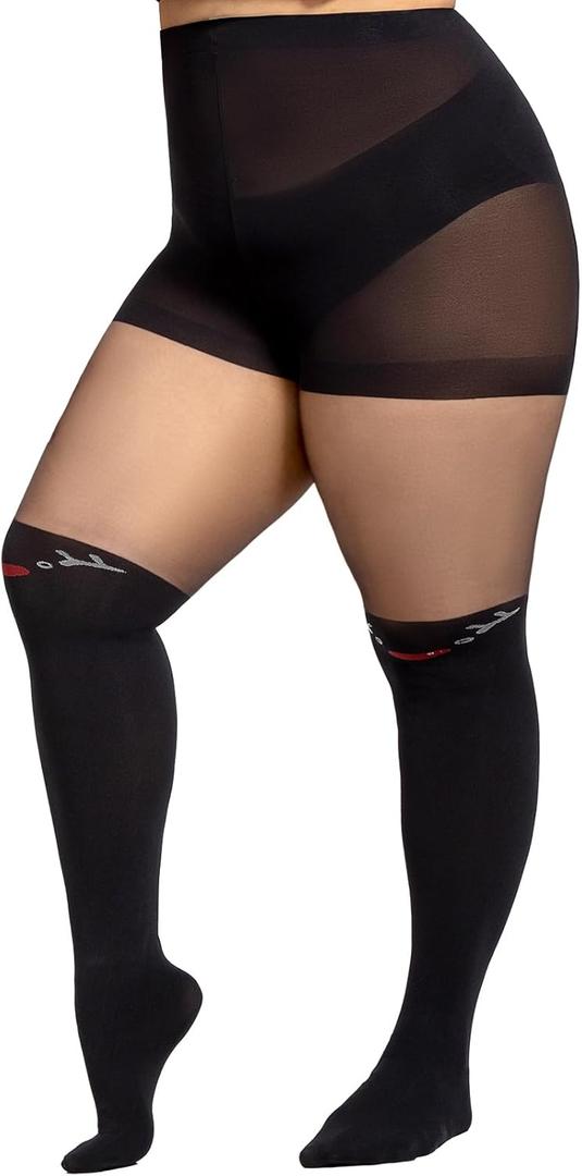 WiliW Christmas Pantyhose for Women Plus Size, Christmas Patterned Tights, High Waist Control Top Sheer Pantyhose (Reindeer) 3XL/4XL