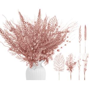 30 Pcs Artificial Valentines Picks and Sprays Glitter Berry Stem Branches Holly Floral Picks Twigs Christmas Tree Ornaments for DIY Valentines Wreath Vase Filler Decorations(Rose Gold)