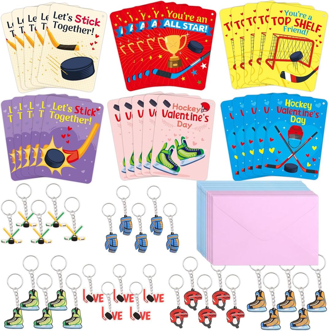 Fancy Land 30 Pack Valentines Cards Classroom Kids Hockey Valentines Day Cards with Keychains Valentine Gift Set Exchange Boys Girls Goody Bag Favors Ice Hockey