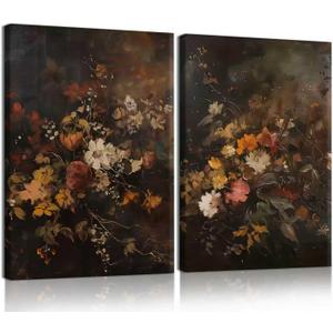 2pcs Vintage Dark Floral Canvas Wall Art Moody Autumn Floral Wall Decor Pictures Country Flowers Posters Prints Still Life Paintings for Farmhouse Living Room Bedroom Dining Room Decor 16x24 Inch