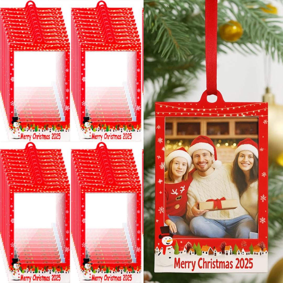 36 Pcs Merry Christmas 2025 Photo Frame Ornaments Acrylic 2 x 3 Picture Frame Ornaments Christmas Tree Decoration Compatible with Instax Polaroid Hanging Photo with Red Ribbon (Style 3)