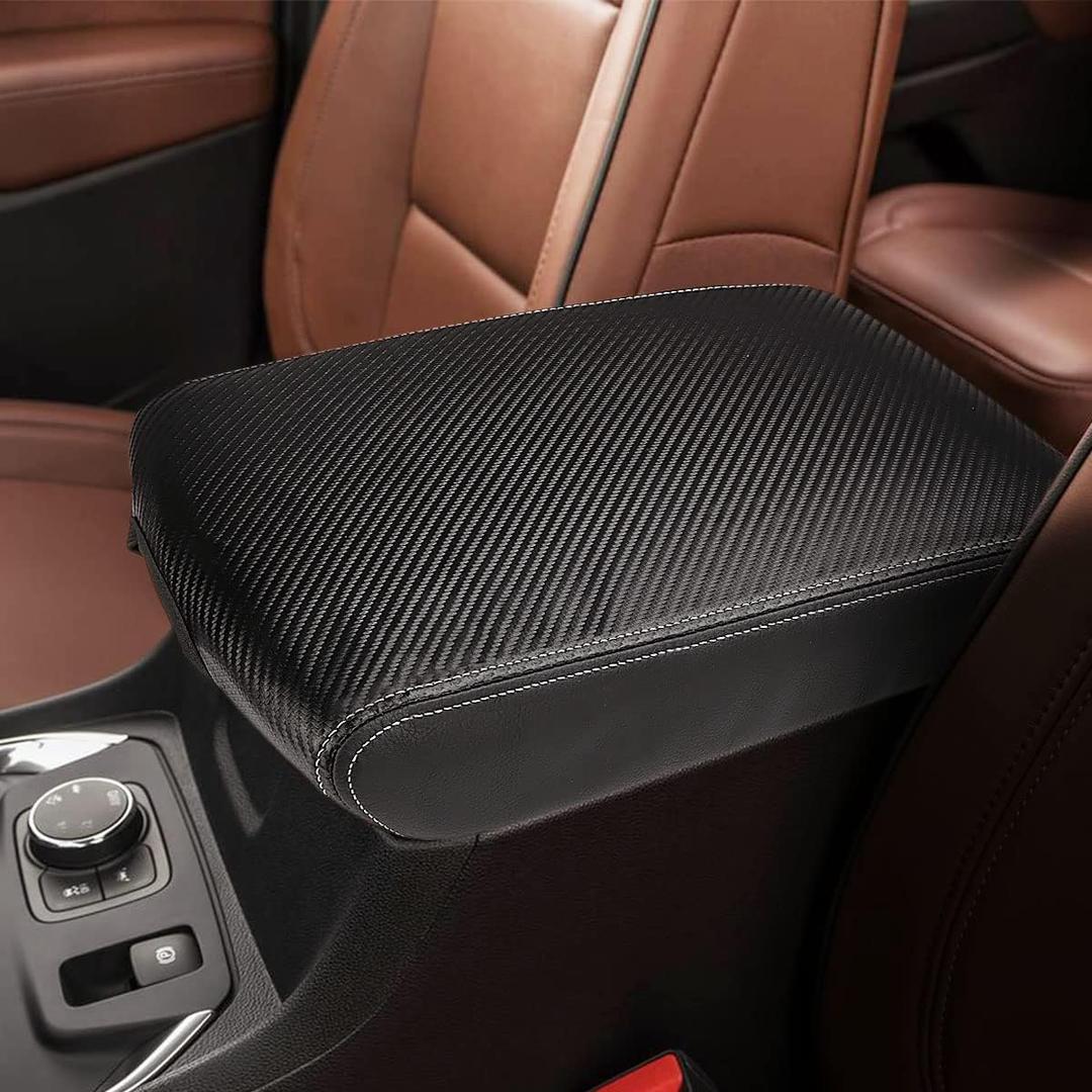 INTGET Center Console Armrest Cover for Chevy Traverse Accessories 2018-2023 2019 2020 2021 2022 Leather Middle Console Lid Pad Protector Elbow Arm Rest Covering Car (Black with Carbon Fiber Texture)