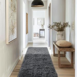 Ophanie Runner Rug for Hallway, 2x6 Bedroom Grey Bedside Rugs, Non Slip Fluffy Soft Shaggy Carpet for Kids Girls Boys Home Decor Aesthetic, Dorm Nursery Gray