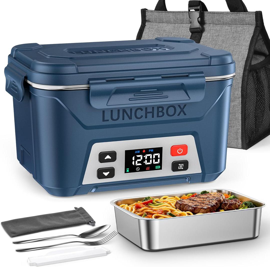 EAST OAK Heated Lunch Box for Men, Electric Lunch Box for Adults, 5.5 Cups Cordless Portable Food Warmer, Rechargeable Self Heating Food Heater with Memory Function, Automatic Keep Warm(Classic Blue)
