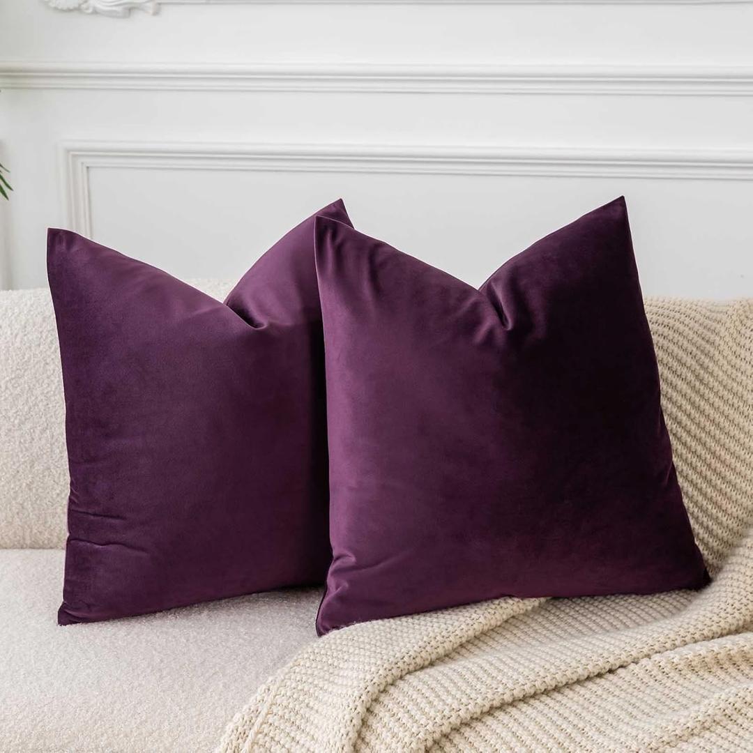 JUSPURBET Decorative Pillow Covers Set of 2 Velvet 26x26 Throw Pillow Covers for Couch Sofa Bed Soft Cushion Covers Cases with Hidden Zipper for Living Room Home Decor, Eggplant Purple