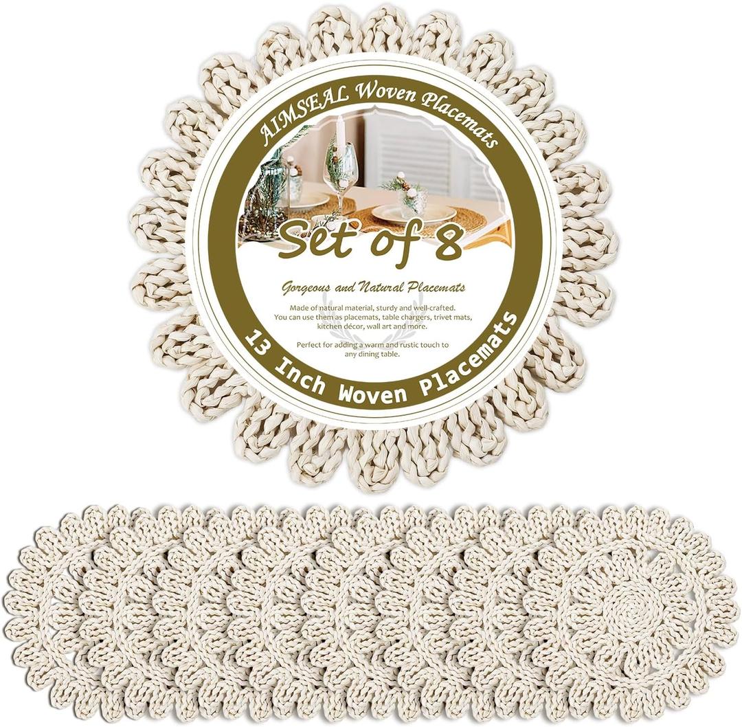 13" Round Placemats Set of 8, Corn Husk Woven Placemat, Rustic White Place Mats for Dining Table Decor, Boho Rattan Wicker Plate Chargers for Wedding Dinner Party
