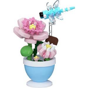 Mini Flower Bonsai with Cute Insects Lotus Dragonfly - DIY Potted Plant Building Blocks for Kids and Adults, Botanical Collection Decor Toy