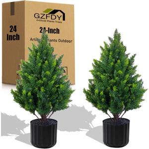 24-inch Artificial Cypress (2 Packs) - UV-Resistant Artificial Shrub with Pot, Suitable for Outdoor and Indoor use, Front Porch, Garden Decoration