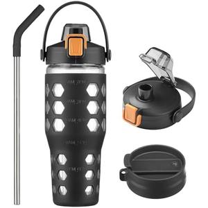 MUKOKO 32 oz Glass Tumbler with Straw,Glass Water Bottles with Time Marker,Iced Coffee Cup with 2 Lids-Handle Spout Lid&Straw Lid,Silicone Sleeve,Leakproof,1 Pack-Black