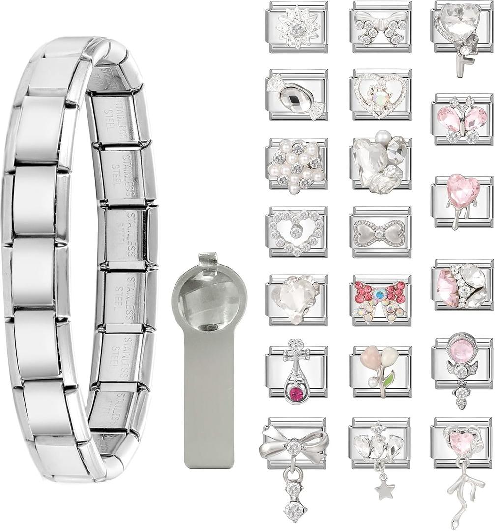 Italian Charms Bracelet Gold Silvery Glitter 22Pcs Charms Set with 1Pcs Starter Brascelet 9mm Italian Modular Charm Bracelet DIY Module Jewelry Gifts for Women