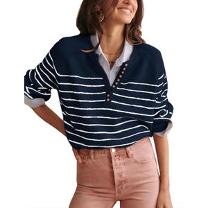 Hongsui Women's Color Block Striped Sweaters Button Up Crewneck Pullover Ribbed Knit Sweater Tops (Navy, Small)