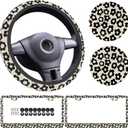 5 Pack, Flowers Vintage Groovy Steering Wheel Cover Universal 15 Inch, Vintage Groovy Flowers License Plate Frames 2 Holes with Screw Caps, Car Cup Coasters 2.75" Car Accessories for Women (05)