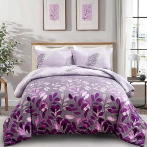 DJY Purple Comforter Set King, Botanical Leaves Comforter for King Bed 3 Pieces Reversible Floral Bed Comforter Sets Soft Microfiber Bedding Set for All Season (104"x90")