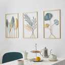 FUNTEREST Gold Leaf Wall Decor Modern Wall Art Home Decor, Set of 3 Metal Wall Hanging Decoration for Living Room Office Bedroom Hotel (Gold Wall Art Set of 3)