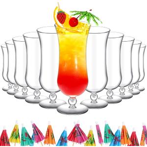 12 Pcs Plastic Hurricane Glasses 15oz Break Resistant Drinking Glasses Reusable Pina Colada Glasses Clear Cups Cocktail Margarita Tropical Beer Juice Beach Party with 160 Pcs Cocktail Pick Stick